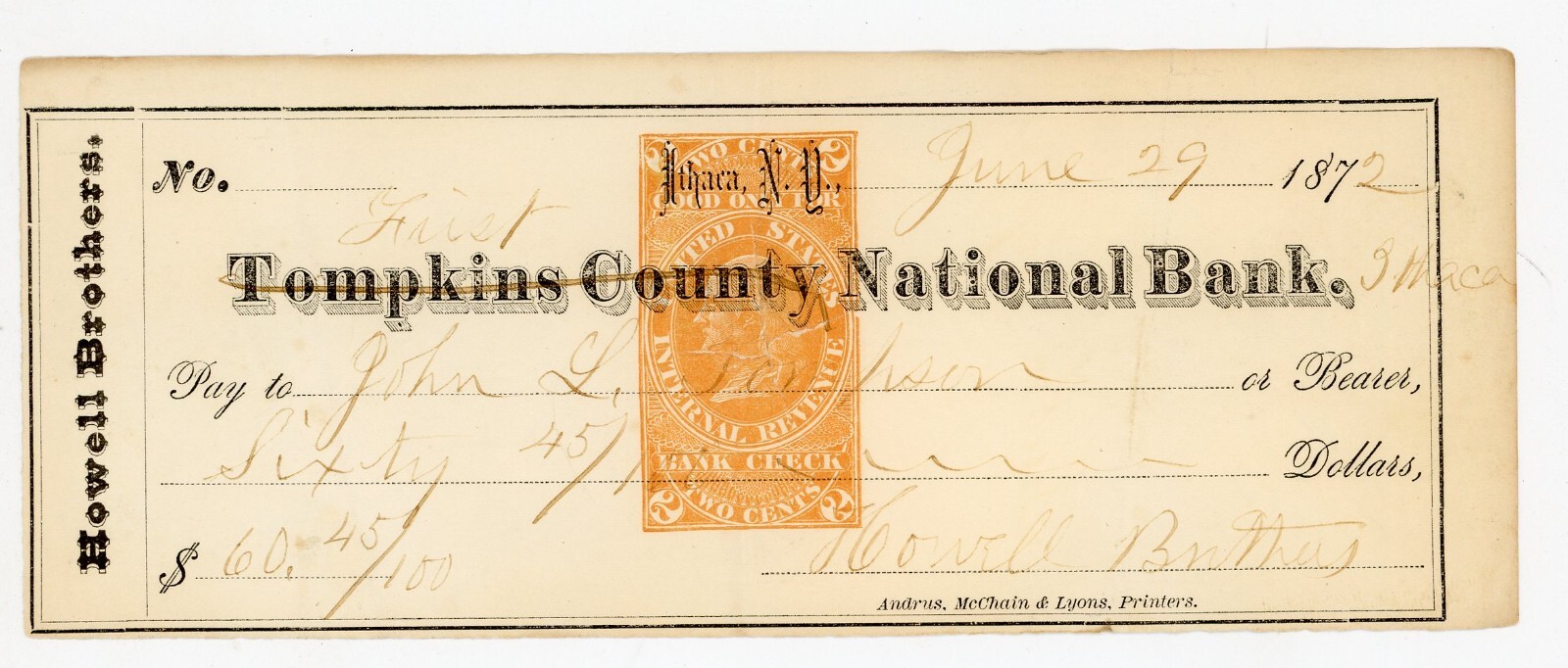 1872 Tompkins County National Bank Ithaca NY Check Revenue Stamp Howell Brothers