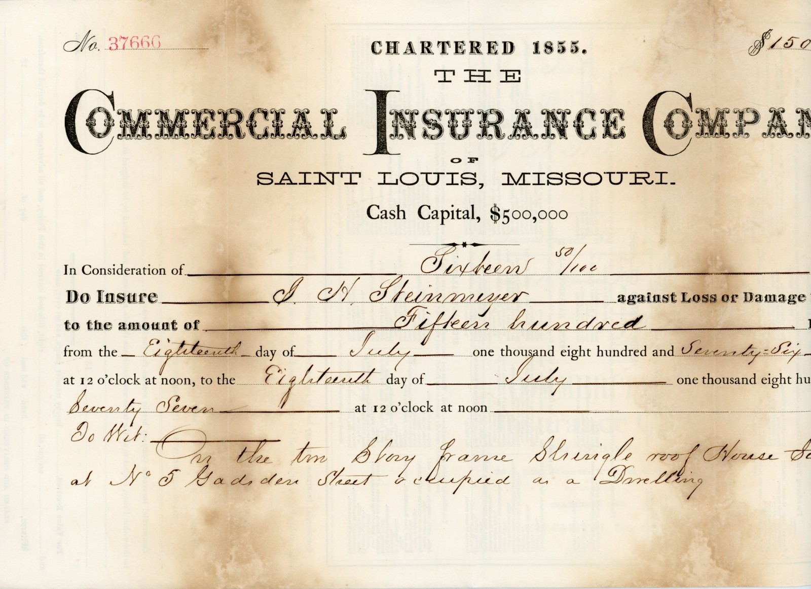 Antiq 1876 Fire Insurance Policy St Louis Missouri Commercial Insurance Co Paper Antiq 1876 Fire Insurance Policy St Louis Missouri Commercial Insurance Co Paper