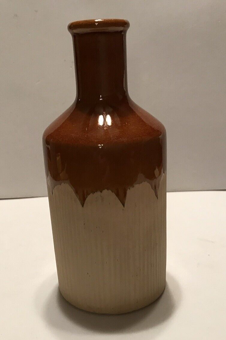 Vtg Glazed Ceramic Stoneware Bottle W/glazed  Brown Top & Flat Design On Bottom