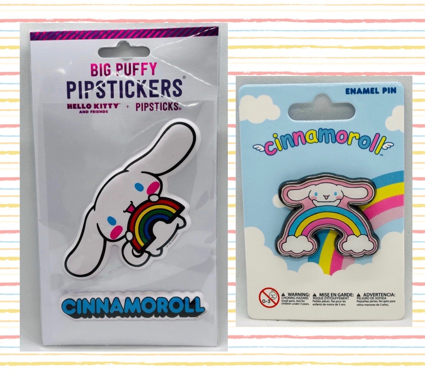Sanrio Cinnamoroll Rainbow Enamel Pin & Pipsticks Big Puffy Pipstickers Set NWT