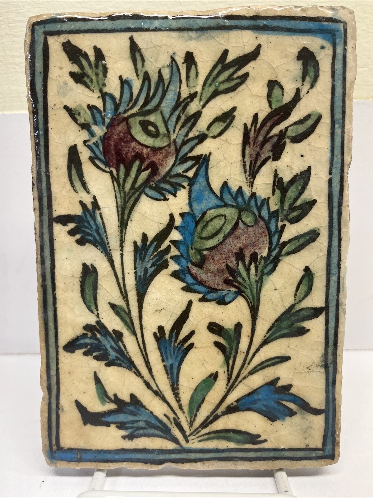 Vintage Primitive Pottery Tile Floral 5 x 7 1/2\