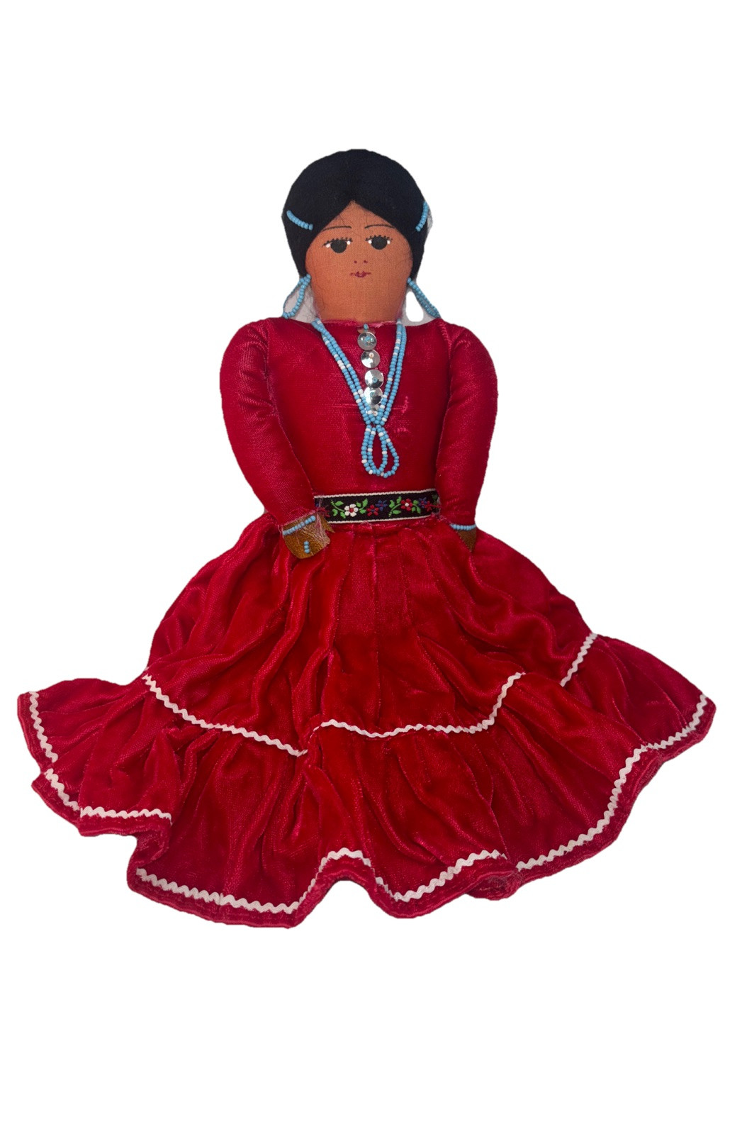 VNT Handmade Navajo Doll By Pearl Joe Native American Folk Art Red Dress 12”