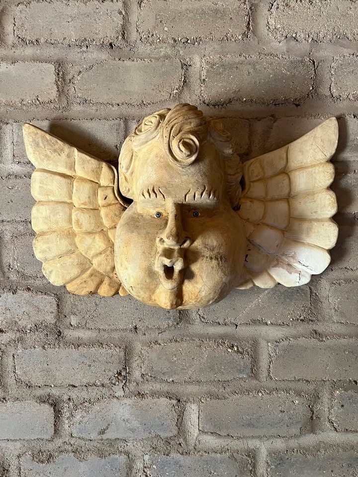 Vintage Large HAND CARVED Wood WINDBLOWER/ CACHETON FROM MEXICO, GLASS EYES