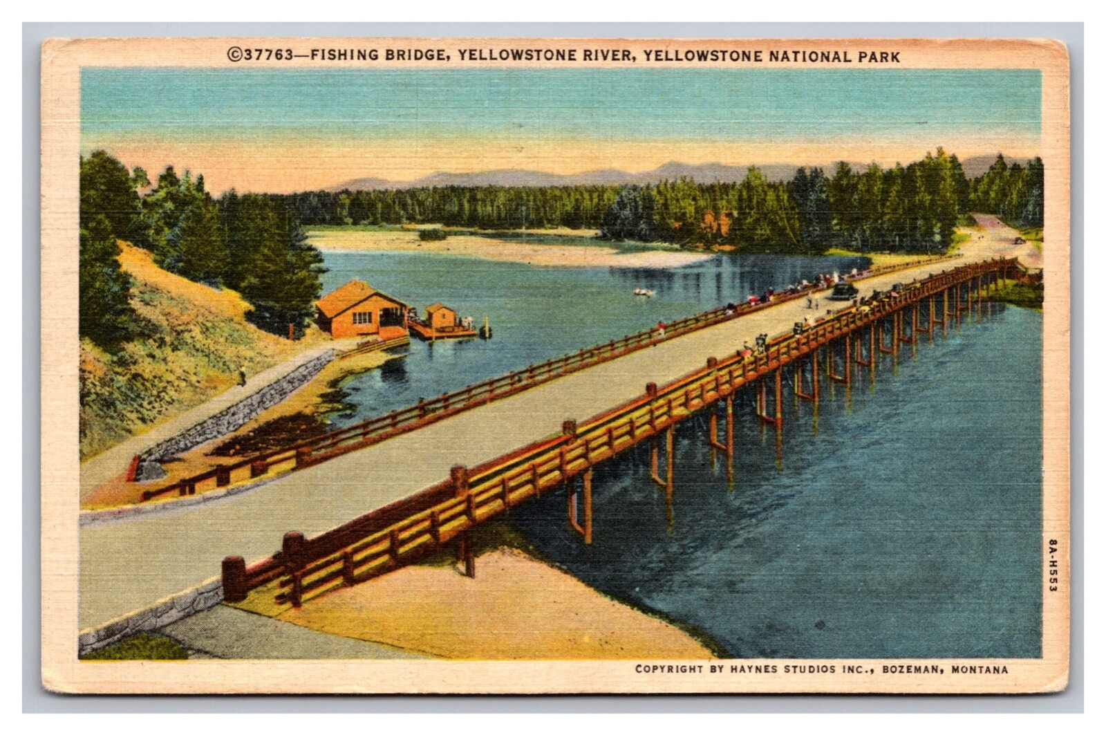 Yellowstone National Park WY Fishing Bridge River Linen Postcard Posted 1961