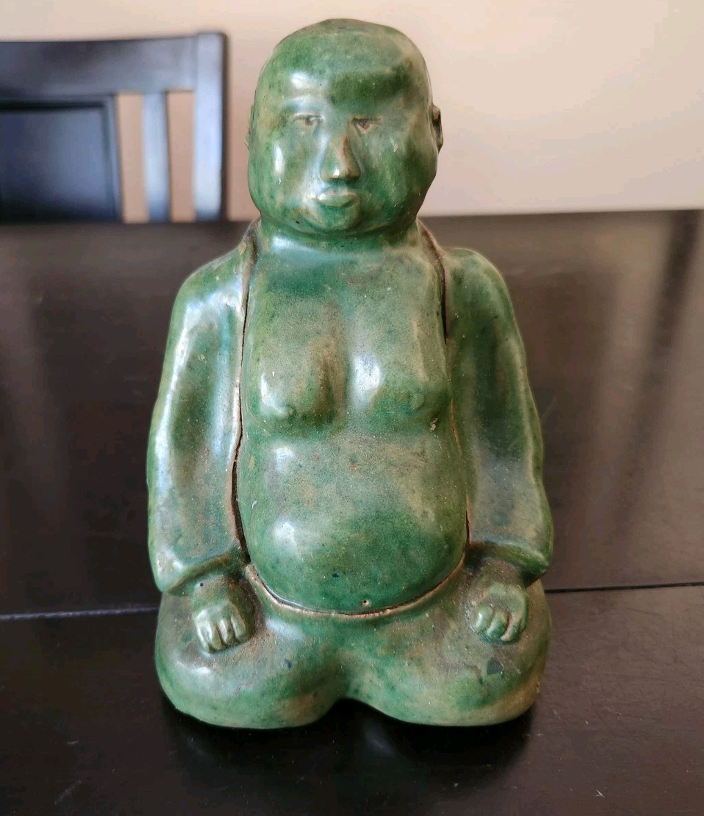 Vtg 1969 Red Clay Pottery Chinese Kneeling Buddha Statue Figure Green Glazed