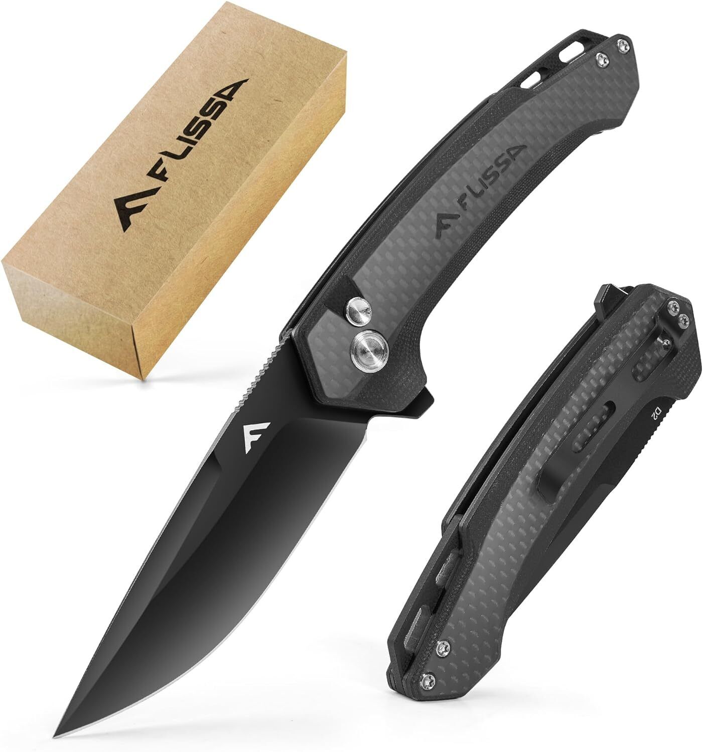 FLISSA Pocket Folding Knife, 3.2” D2 Blade Carbon Fiber Handle EDC Knife NEW