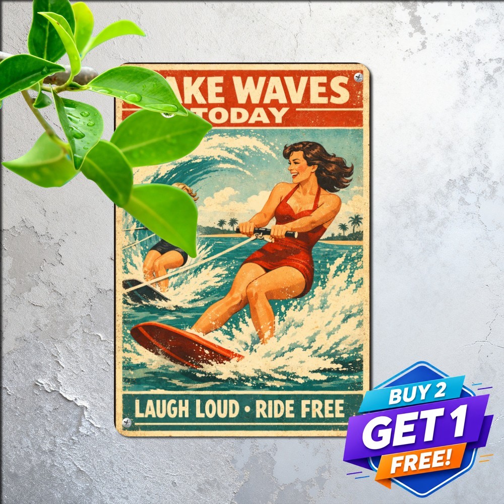 Waterskiing Lake Vacation Sign Energetic Girl Water Sports Metal Tin Plaque