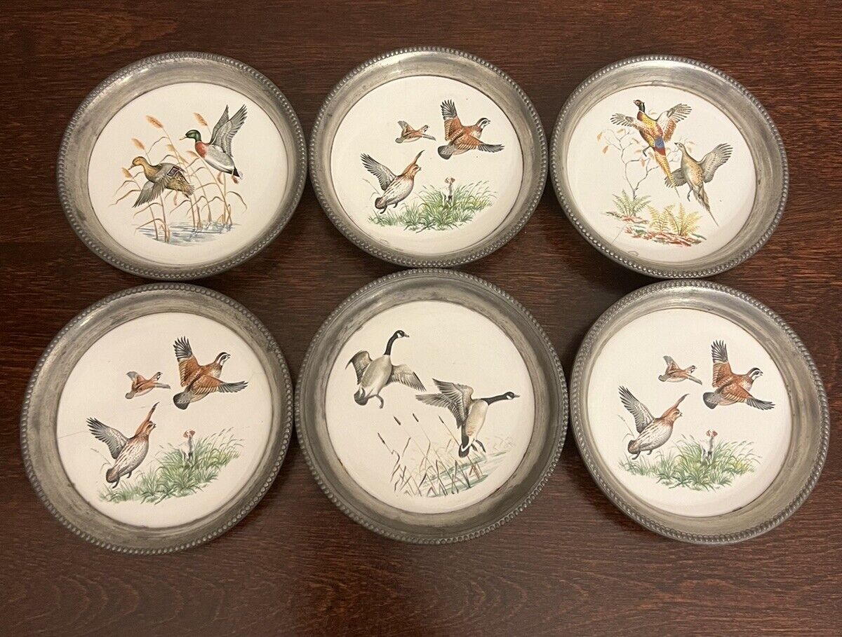 Vintage Revere Pewter Coasters with Ceramic Inlay Beaded Rims Birds Set Of 6