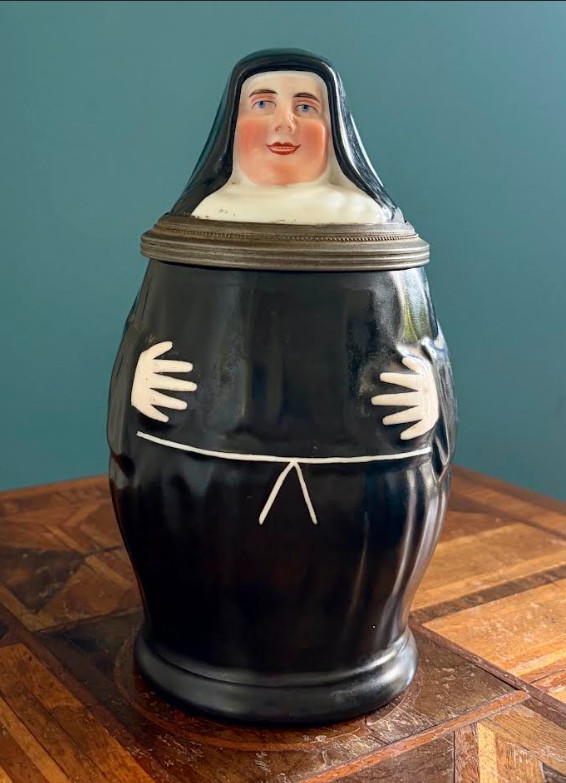 Antique German Porcelain Nun Character Beer Stein Pewter Lid Lithophane c1900 Antique German Porcelain Nun Character Beer Stein Pewter Lid Lithophane c1900
