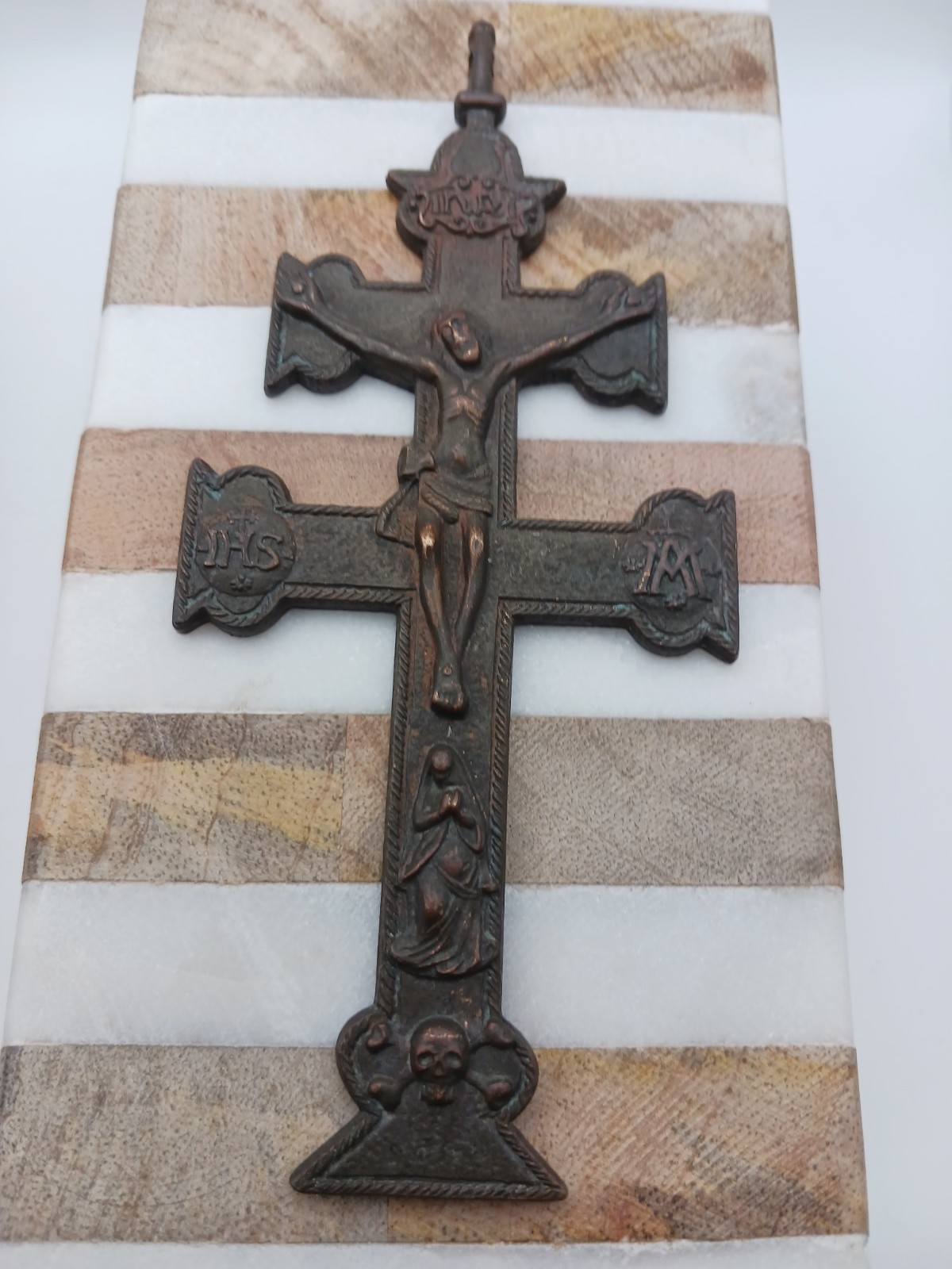 ​Antique Spanish Caravaca Cross – Cast Bronze Double-Bar Patriarchal Crucifix 