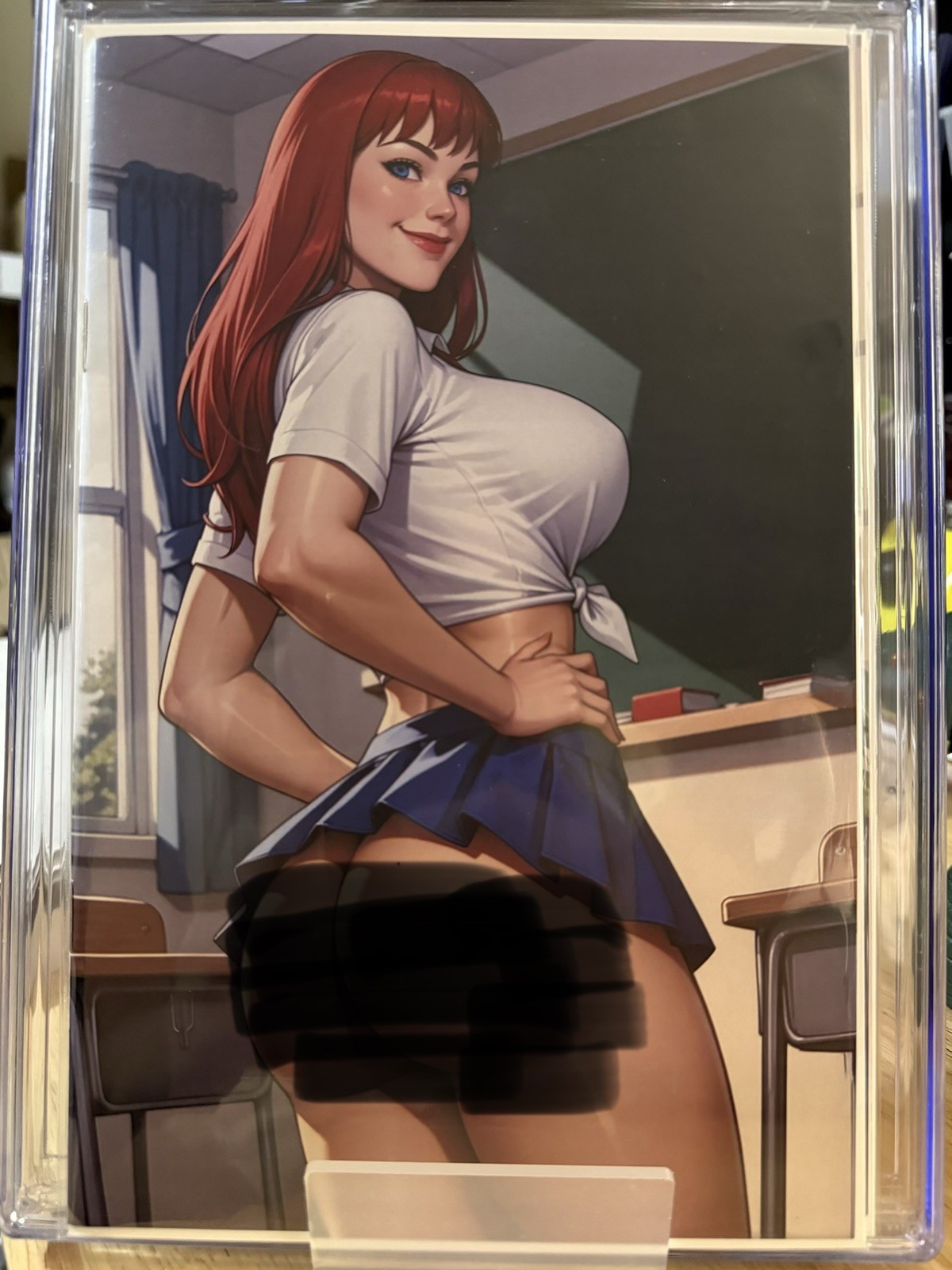 Comic-Style Art Print/Card Red-Haired Girl School Uniform in Sleeve/Toploader