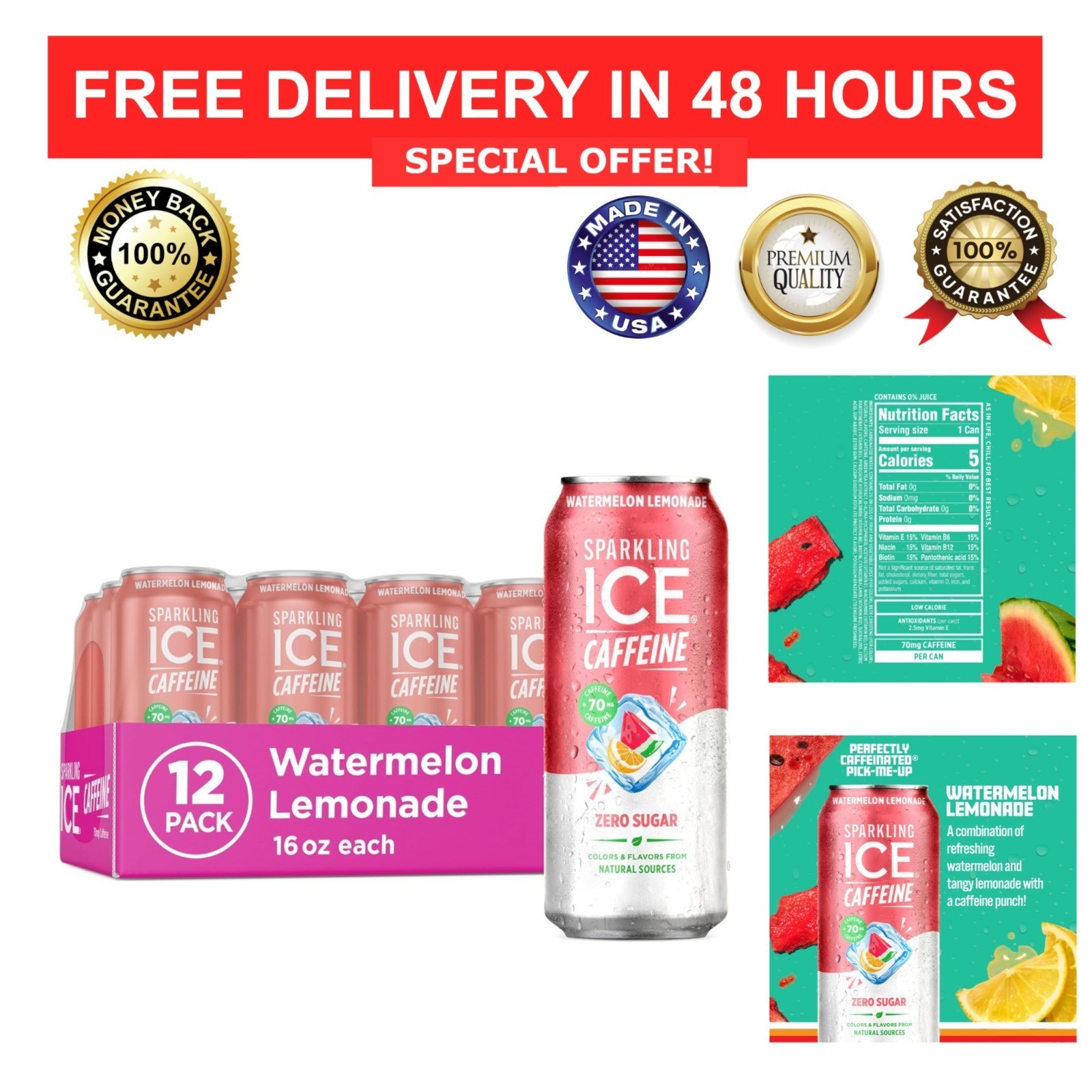 Sparkling Ice Caffeine Watermelon Lemonade Sparkling Water 12 Pack 16 fl oz Cans