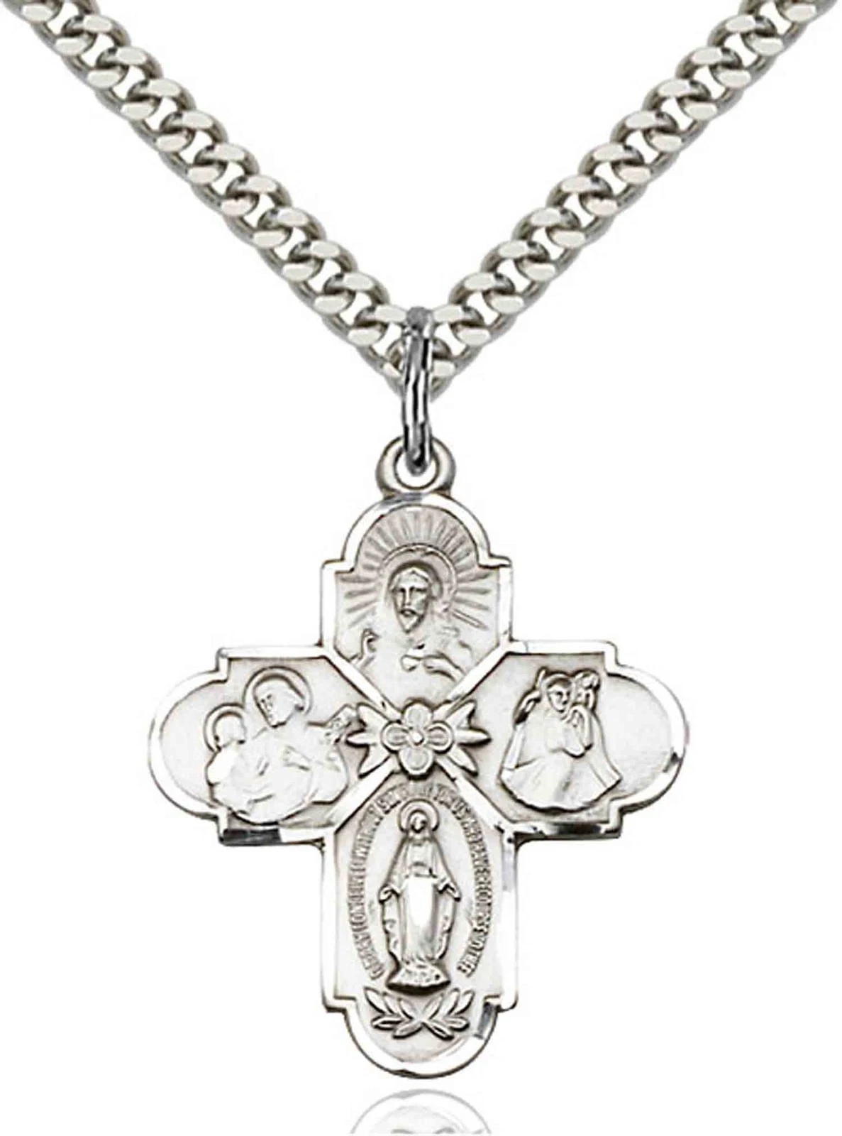 Pewter 4-Way Catholic Holy Medal Pendant Necklace 24\