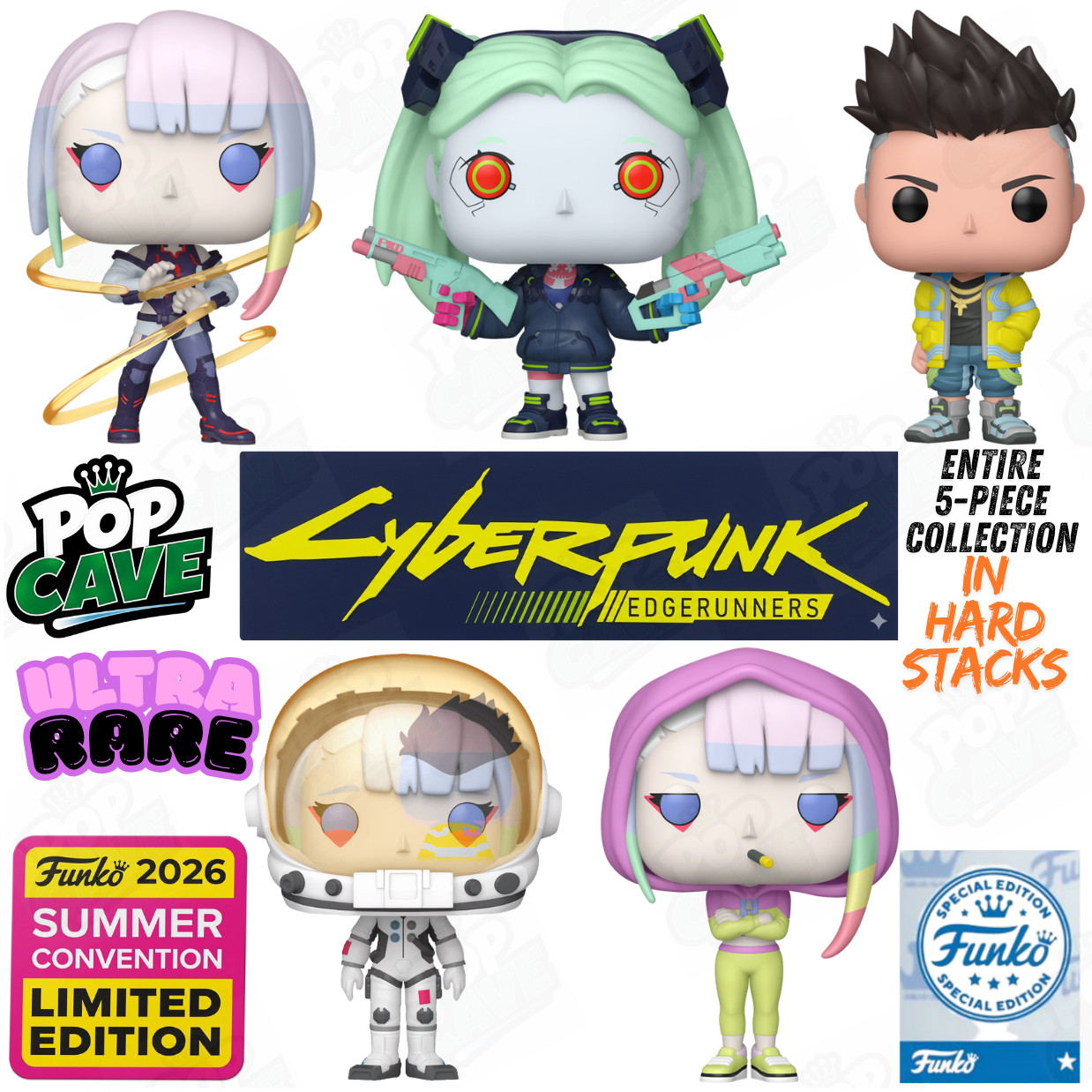 Funko Pop Cave CYBERPUNK Entire 5-Piece Set MINTY in HARD STACKS Ultra Rare SDCC
