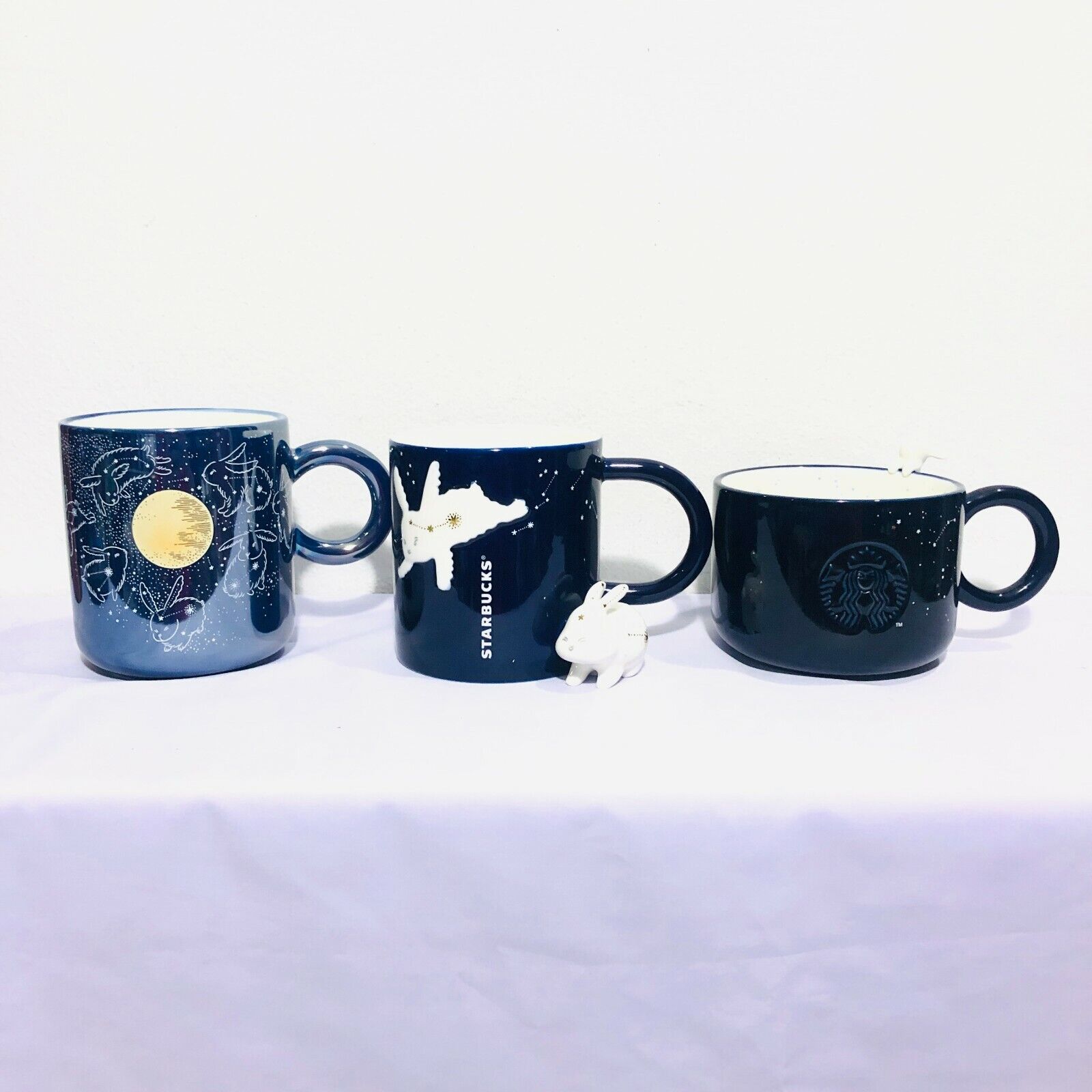 Set 3Pcs.Starbucks Mug Blue Bunny Constellation Moon14oz.&12oz.Stoneware