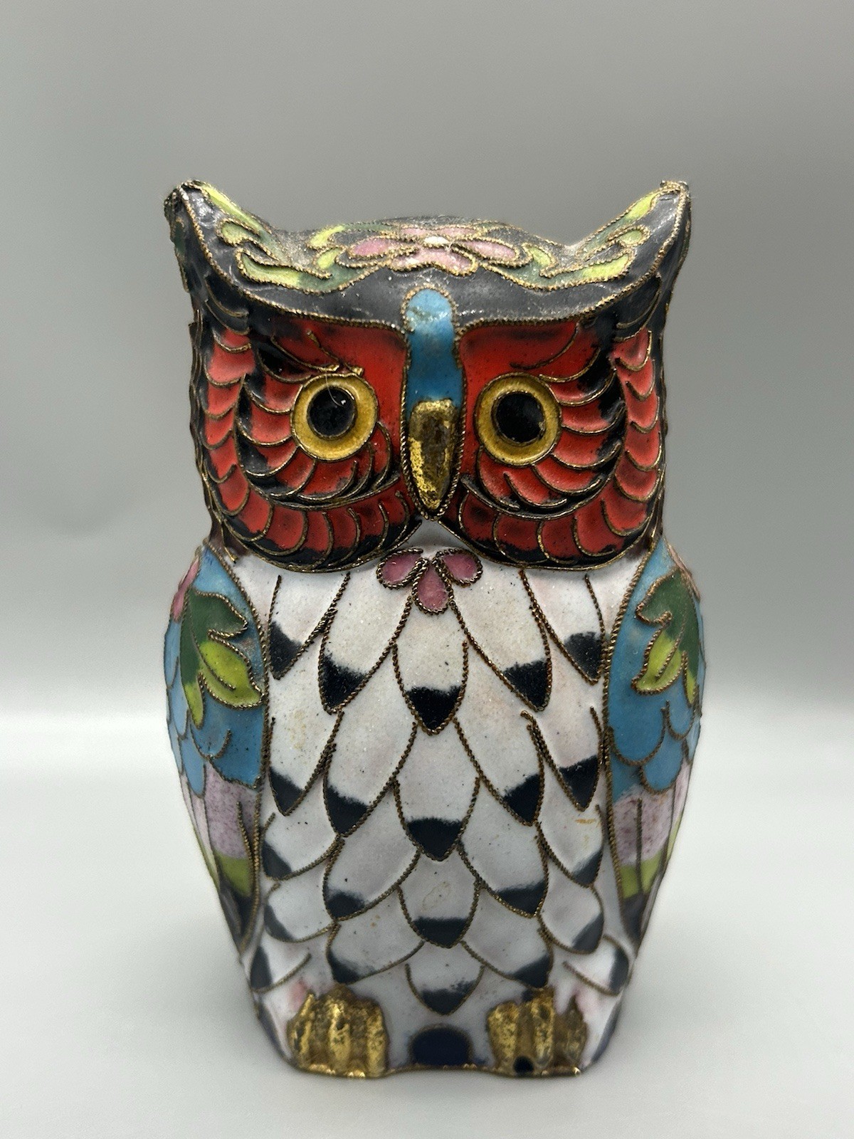 Vintage Chinese Cloisonne Owl Figurine Two Faced Double Sided Day Night Enamel Vintage Chinese Cloisonne Owl Figurine Two Faced Double Sided Day Night Enamel