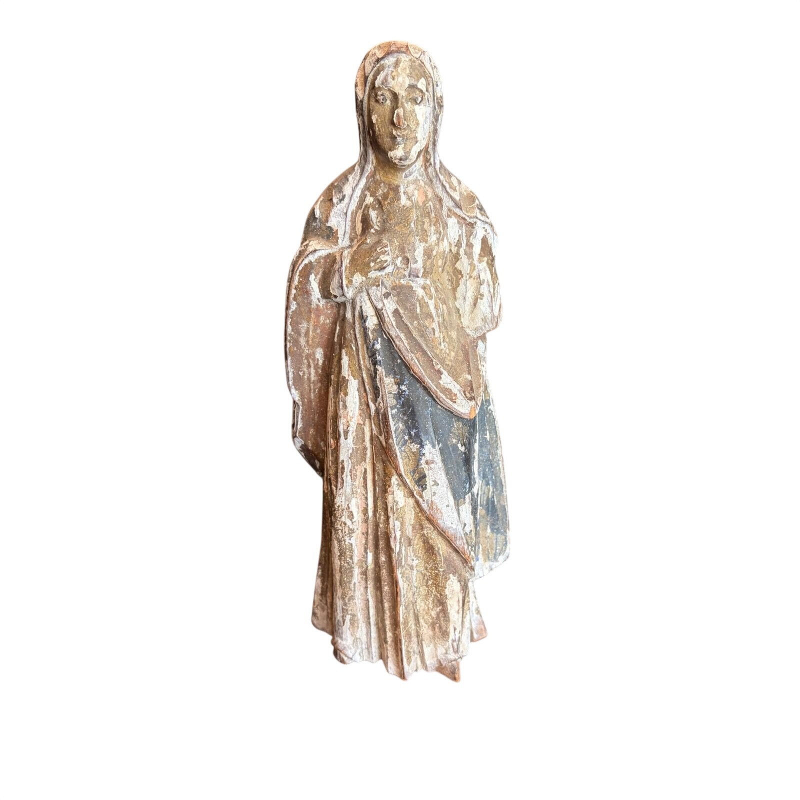 Antique Hand Carved Wood Religious Statue Virgin Mary Madonna Polychrome 10in