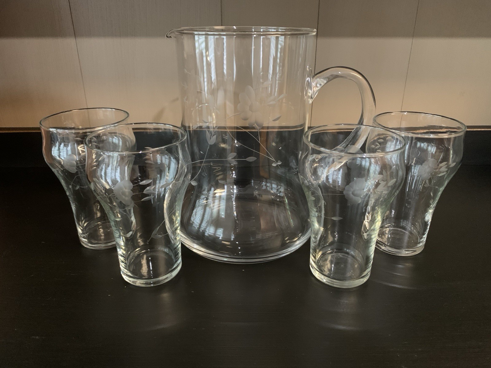 VTG Princess House Crystal Heritage Pitcher With 4 Soda Style Glasses #028B VTG Princess House Crystal Heritage Pitcher With 4 Soda Style Glasses #028B