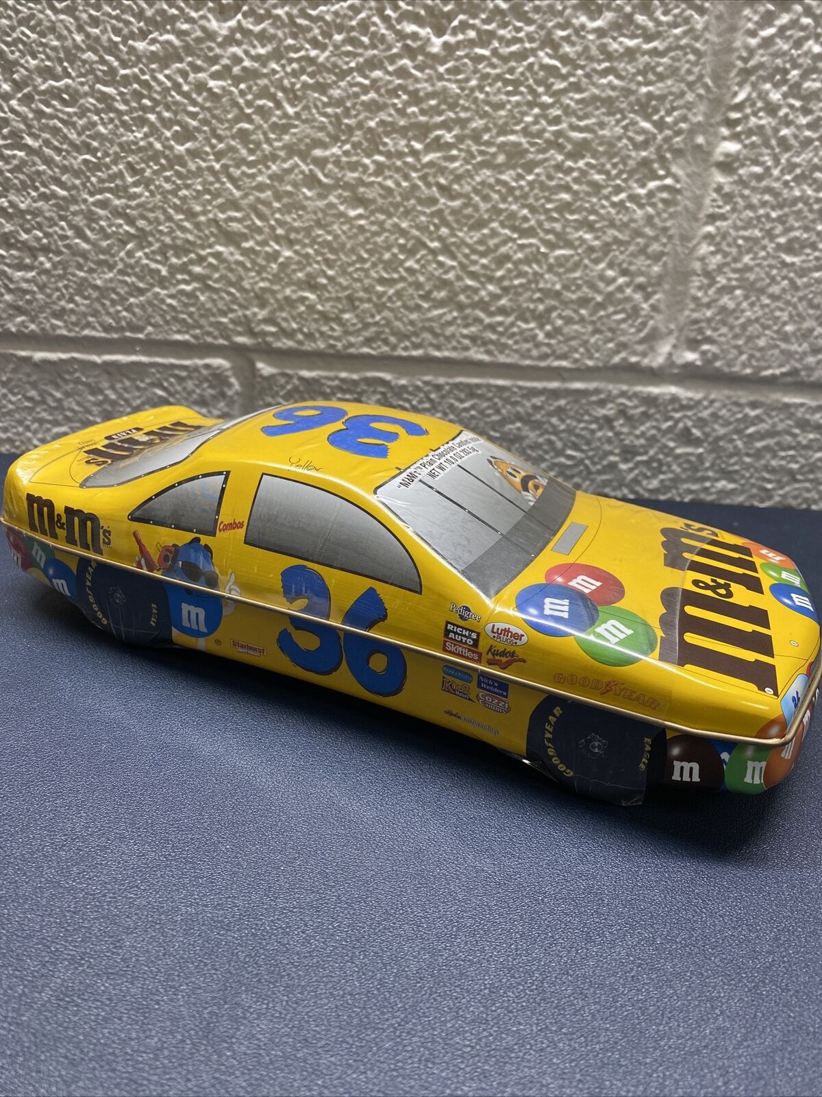 M&M\'s #36 Race Car Yellow Tin Candy Dish M&Ms Sealed Nascar