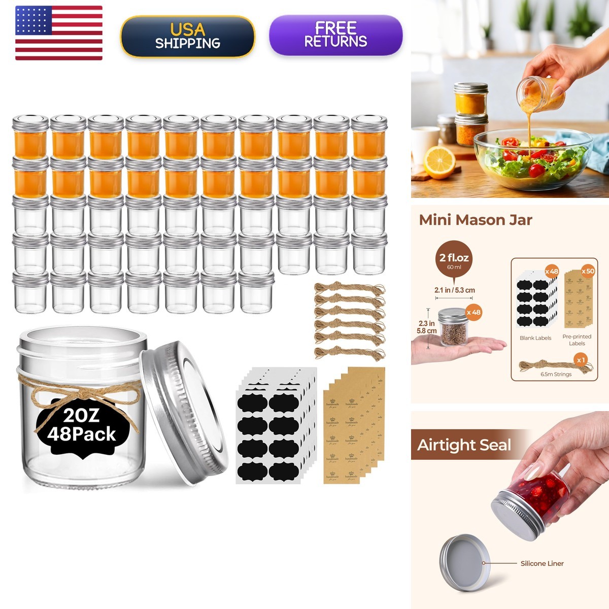 ComSaf 2 oz Mini Mason Jars 48 Pack Glass Jars with Lids ComSaf 2 oz Mini Mason Jars 48 Pack Glass Jars with Lids