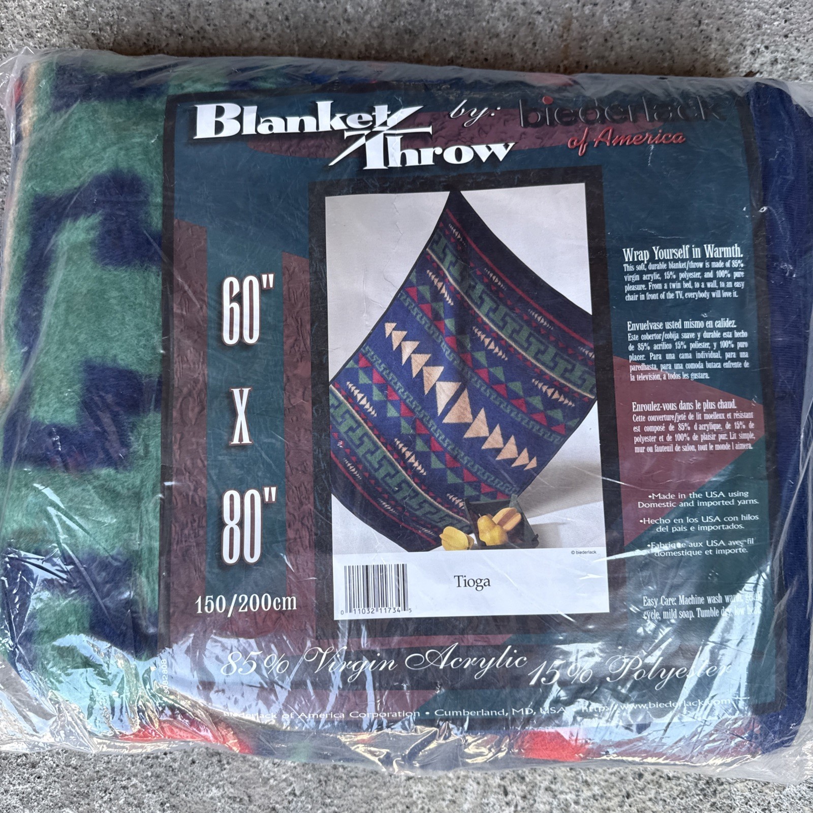 BIEDERLACK Blanket Aztec Southwest Plush Blue Red Green Reversible VTG NEW 60x80