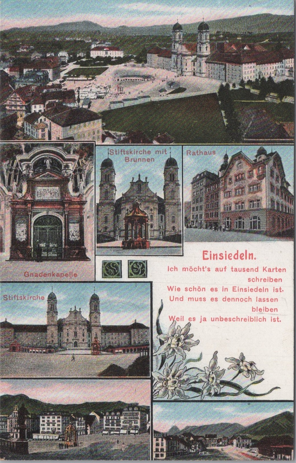 Stiftskirche Rathaus Einsiedeln Switzerland Edelweiss Kunzli 1900s Postcard