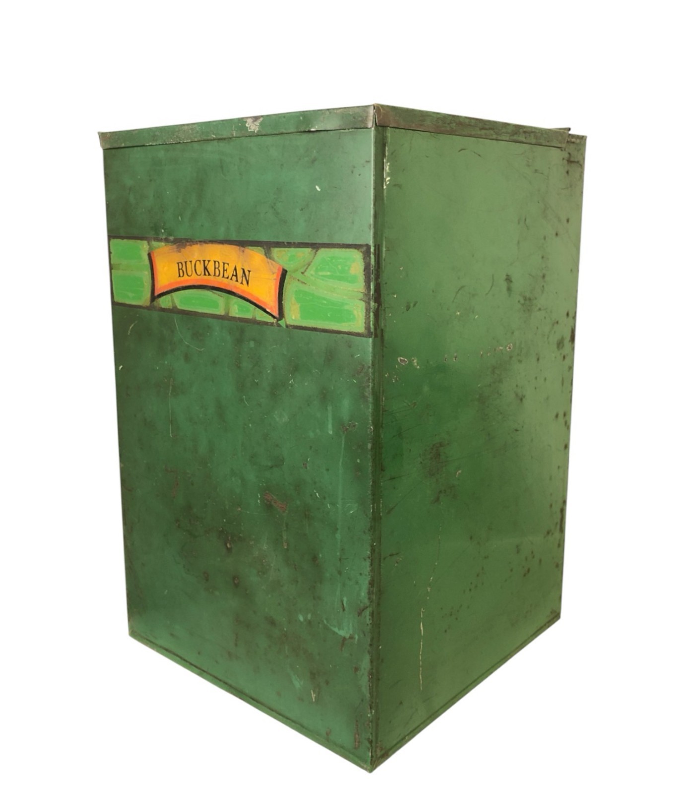 Vintage Green Metal Apothecary Shop Tin Bin Buckbean Herb Storage Box 11.5\