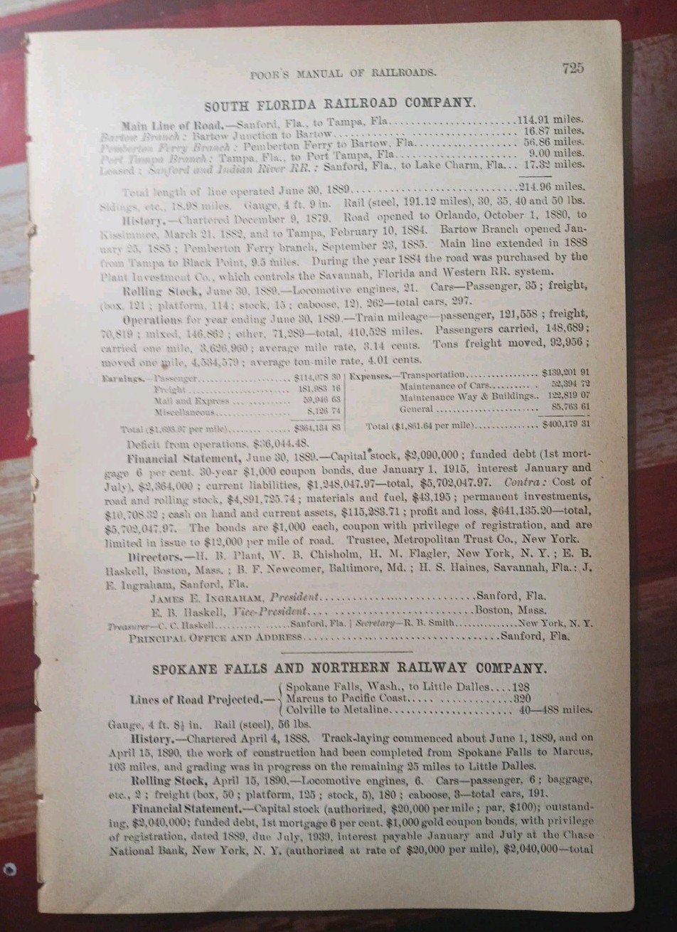 1890 Train Report SOUTH FLORIDA RAILROAD Sanford Tampa Bartow Lake Charm FL