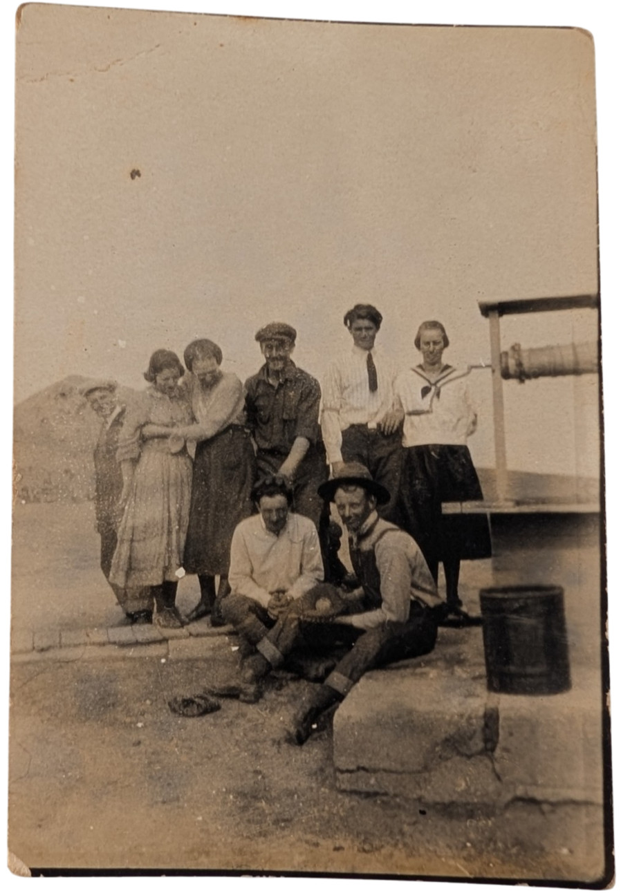 Vintage AZO RPPC 8 Person Group Beside Machinery 1918 to 1930 Trimmed