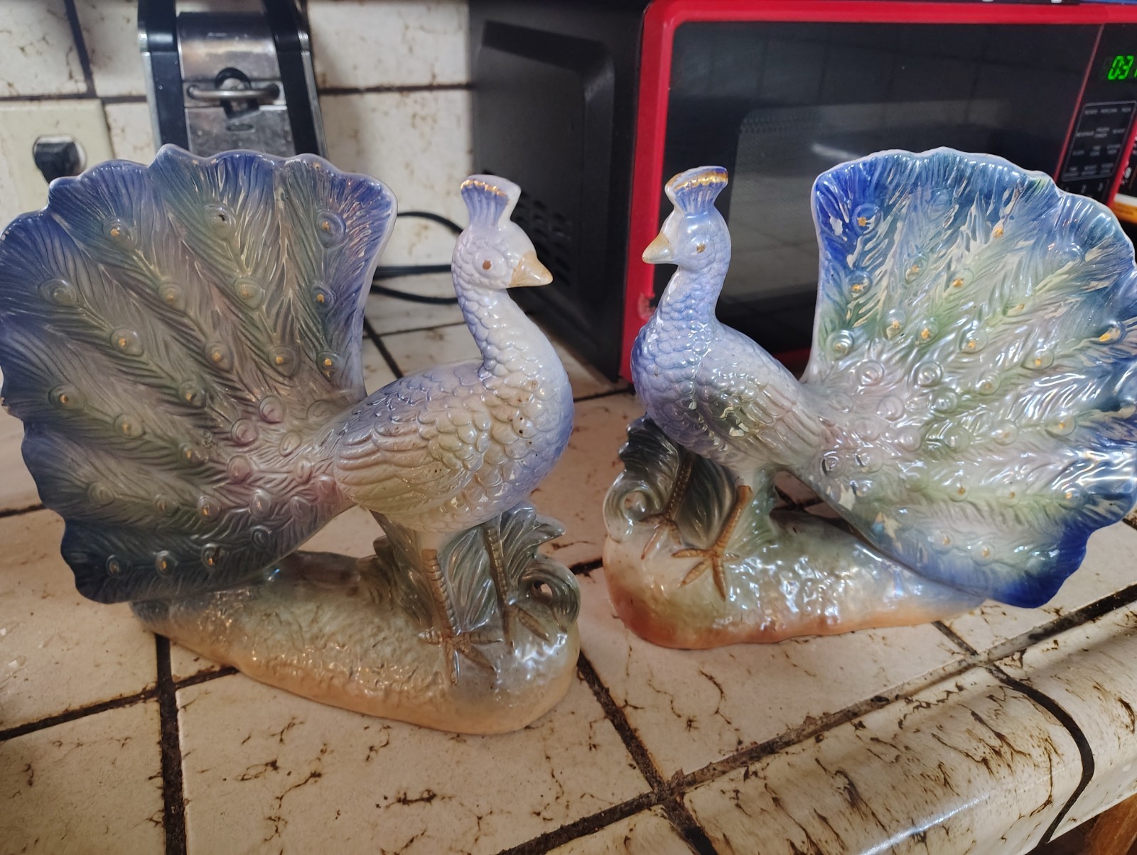 pair of vintage mid-century lusterware ceramic peacock