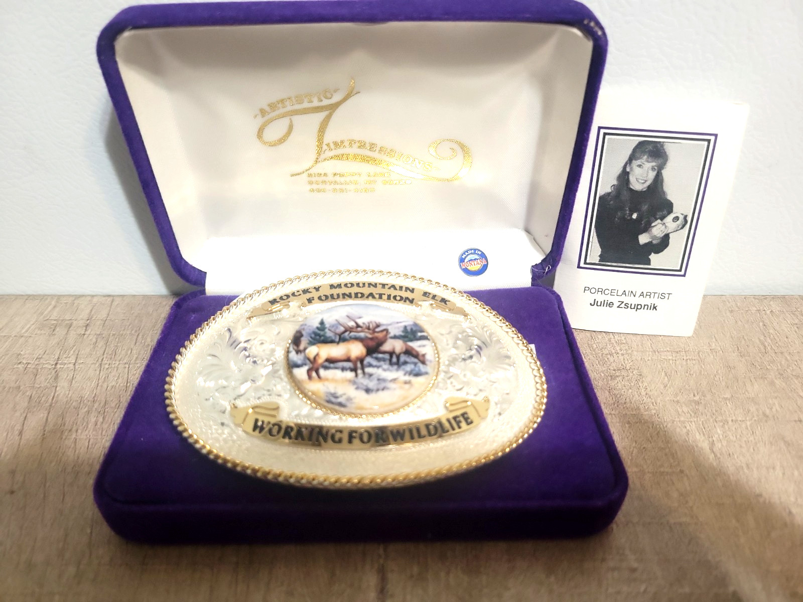 Rocky Mountain Elk Foundation Silverplate Belt Buckle in Case by Julie Zsupnik Rocky Mountain Elk Foundation Silverplate Belt Buckle in Case by Julie Zsupnik