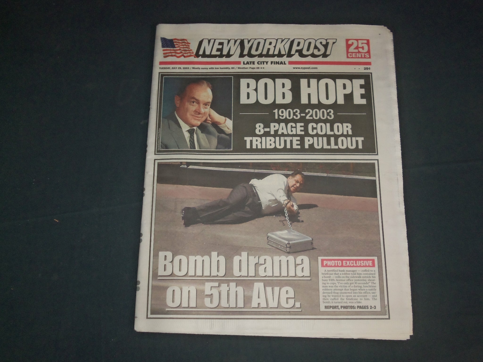2003 JULY 29 NEW YORK POST NEWSPAPER - BOB HOPE DIED 1903-2003 - NP 4150