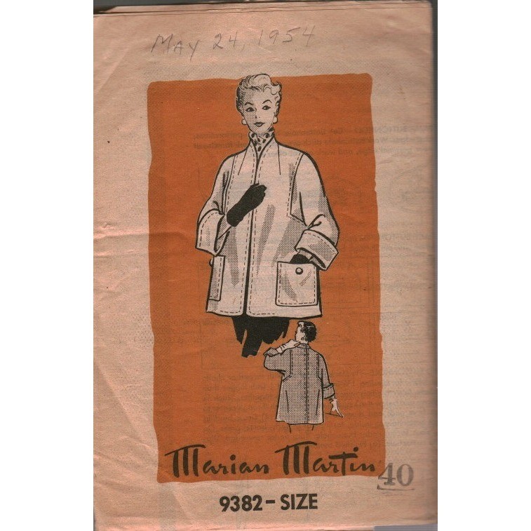 Vintage 1954 Marian Martin 9382 Sewing Pattern Stout Size 40 Jacket Coat MCM