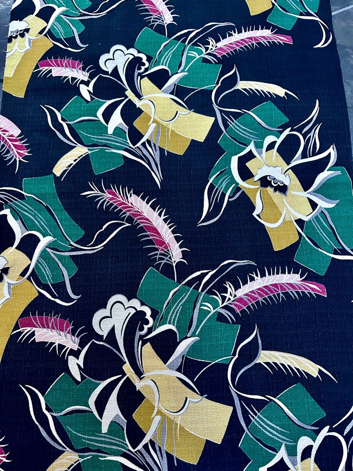 Miami Beach Dynamite Art Deco Abstract Magnolias Black Barkcloth Vintage Fabric