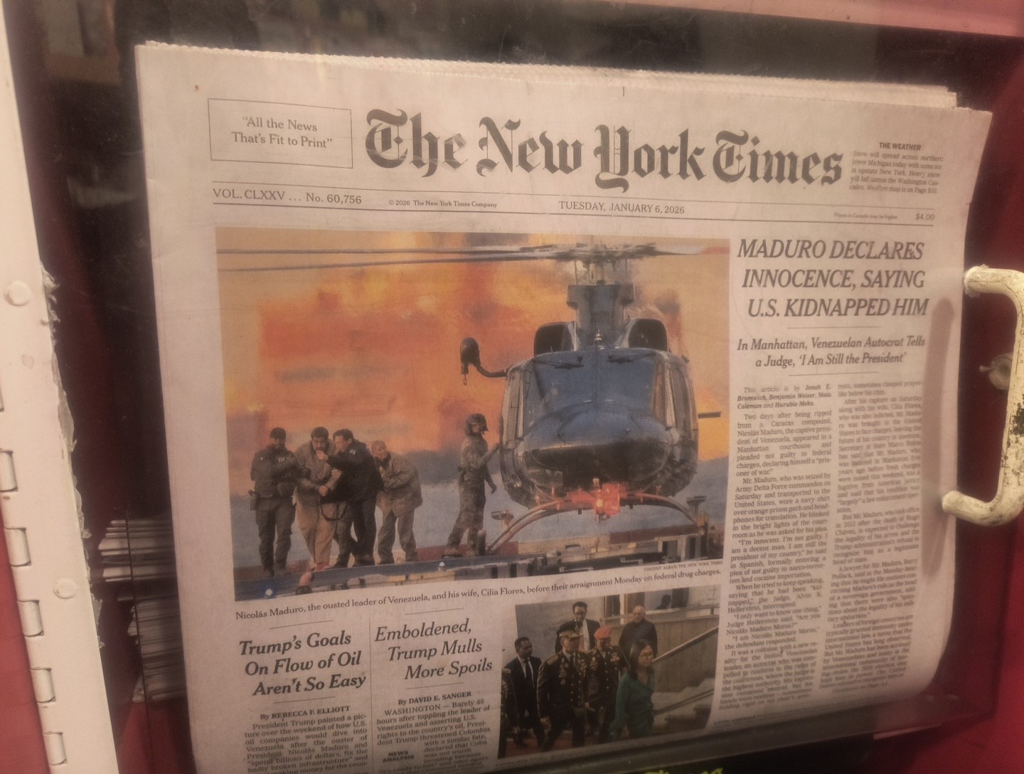 The New York Times Tuesday January 6 2026 Maduro Declared Innocence, Saying U.S.