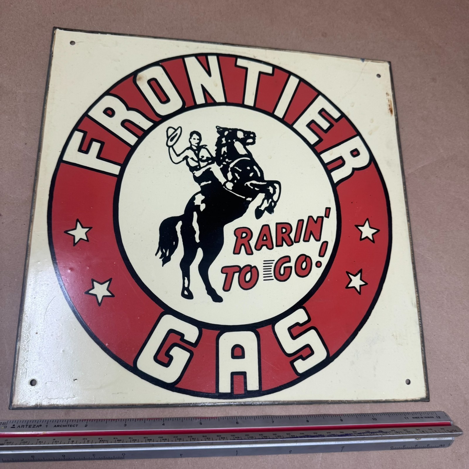 Vintage Frontier Gas Sign Reproduction - 12 x 12 - “Rarin’ to Go”
