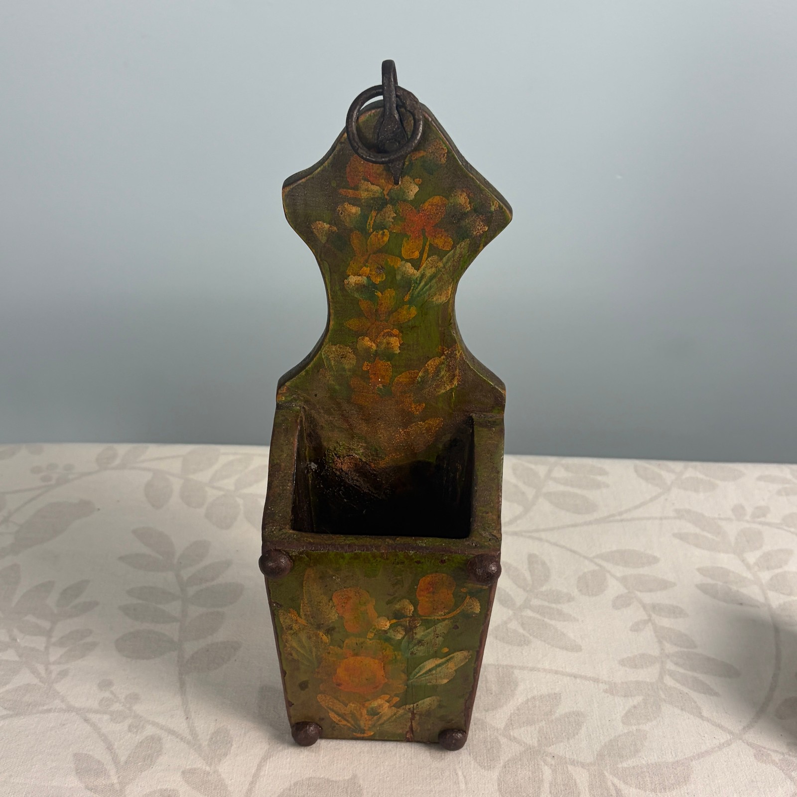 Vintage Folk Art Candlebox wall pocket Hand Painted Floral Cottagecore farmhouse