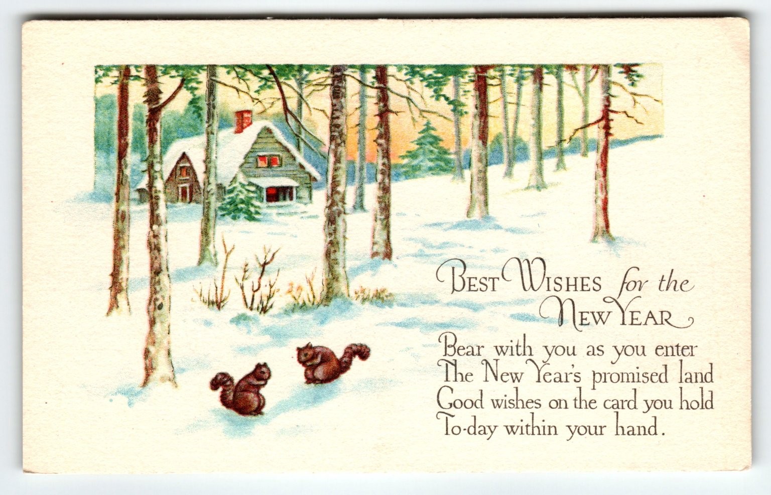 Vintage 1907-1915 New Year Lithograph Postcard Snowy Cabin & Squirrels