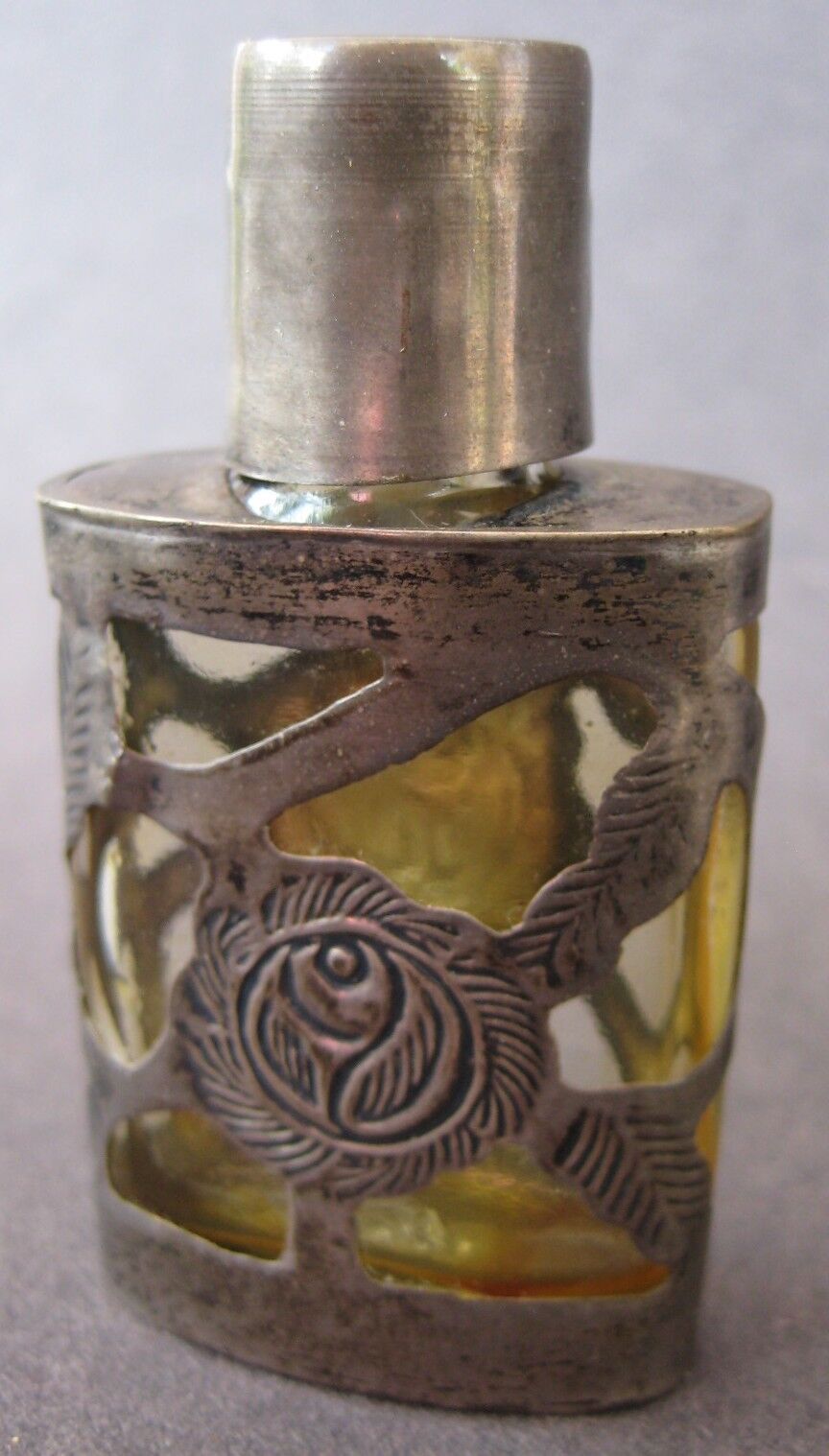 Miniature 925 Sterling Silver Overlay PERFUME BOTTLE Floral Design Glass Mexico