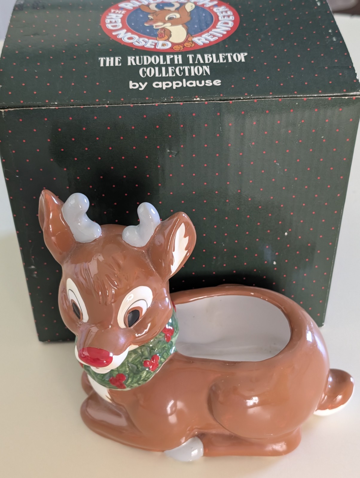 Vintage Applause Inc. Rudolph Reindeer 1970's Ceramic Hand Painted Candy Bowl 