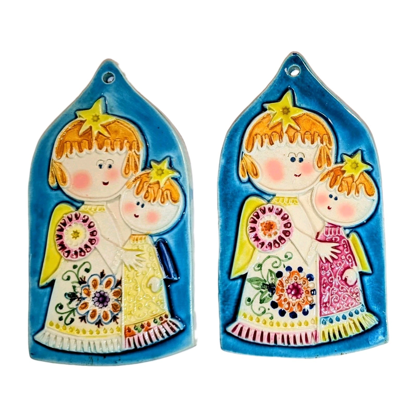 Vtg Signed Gensini Italy Ceramic Angel Xmas Wall Plaques 1960 Pair Kauffman's A+