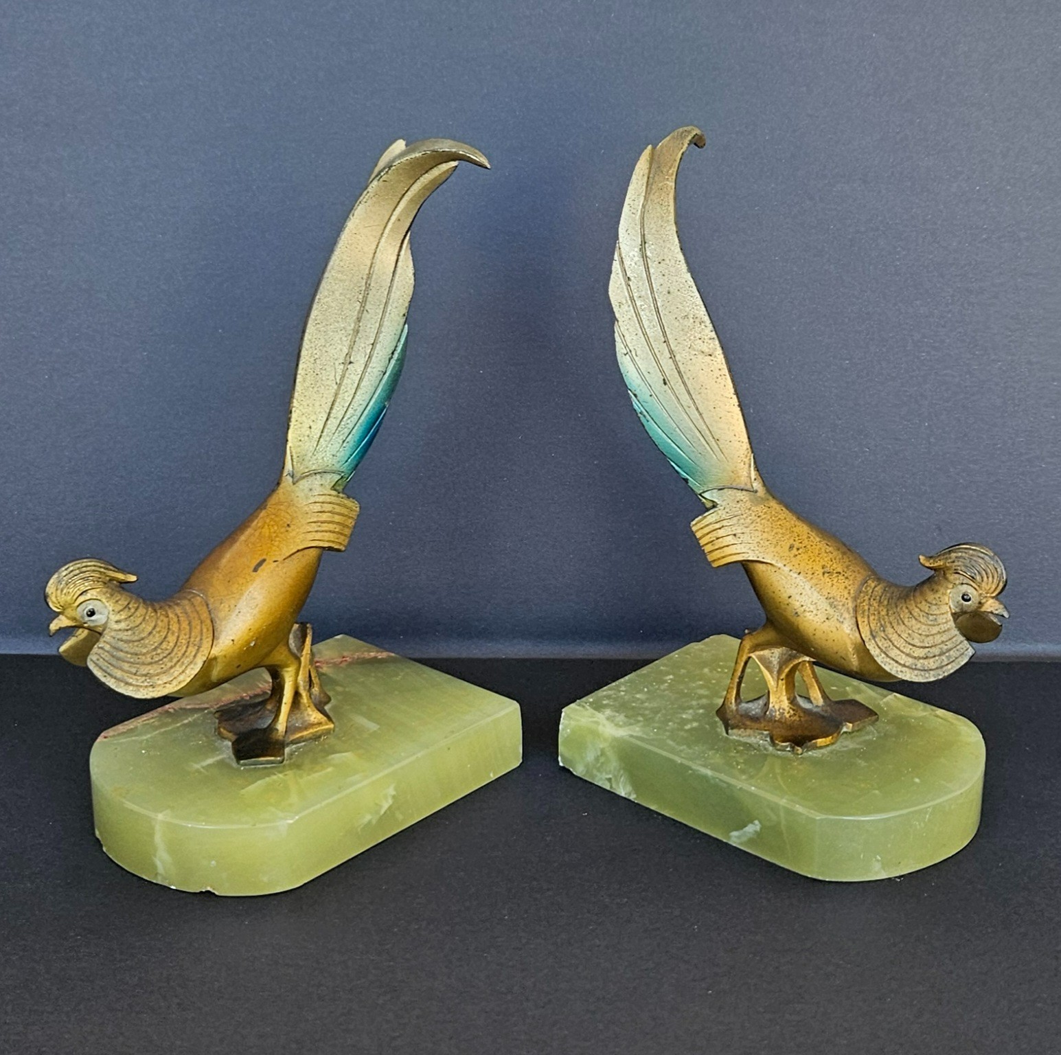 Antique Austrian Bronze Pheasant Figurines Bookends Onyx Base Cold Painted 1920s