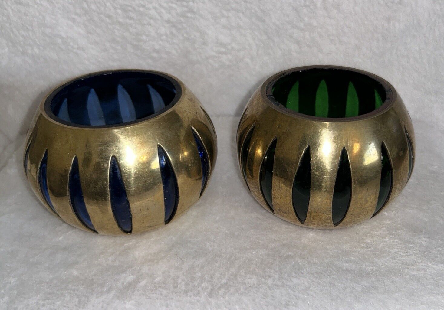 Bohemian Style Brass Encased Glass Candle Holders 1 Blue & 1 Green Stunning