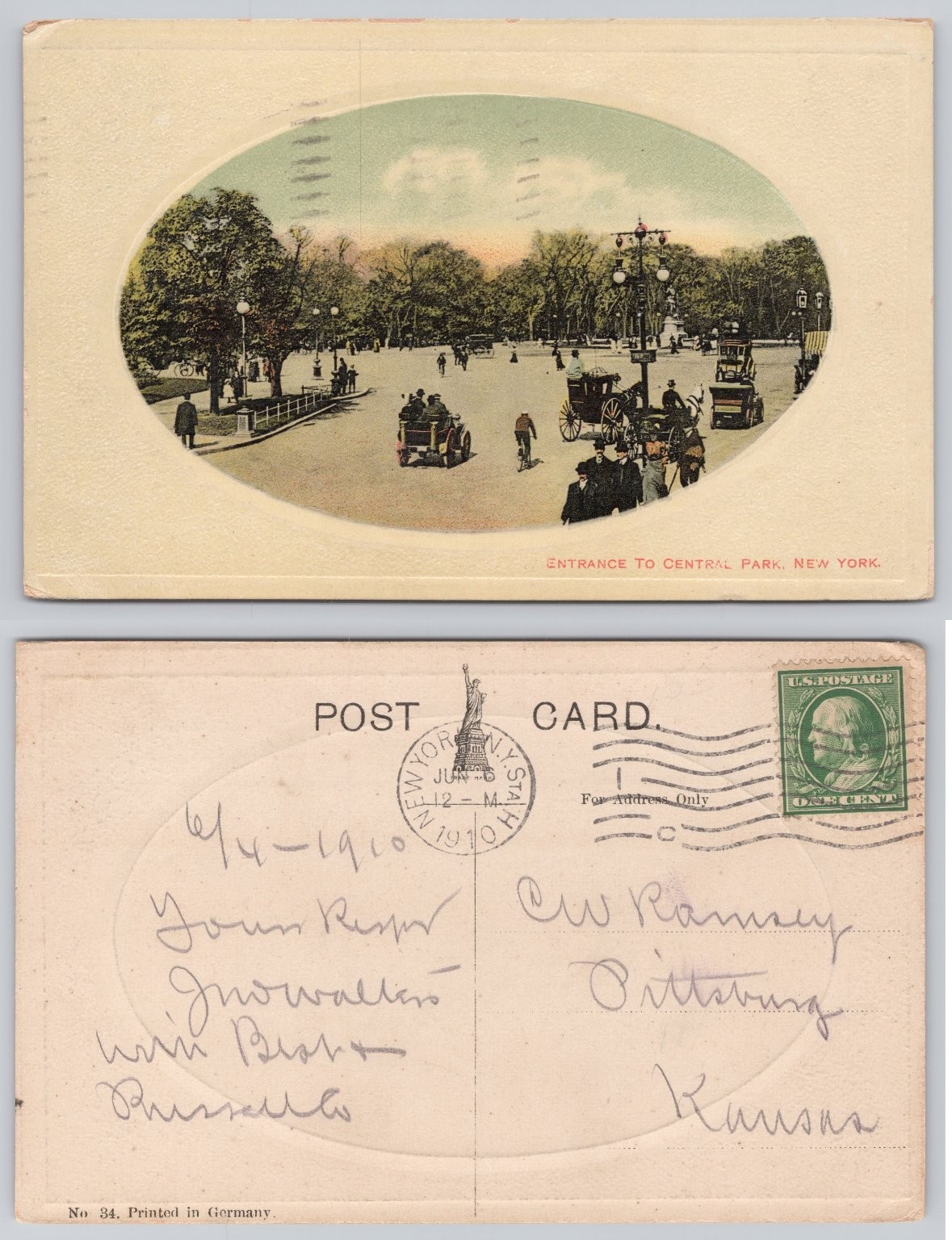 1910 Central Park Entrance New York City Postcard Horse & Auto Traffic