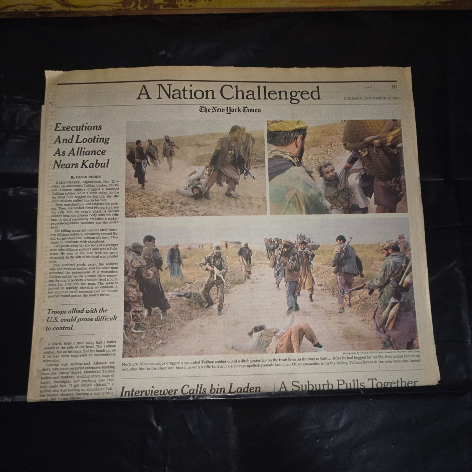NY Times A Nation Challenged Nov 13 2001 Afghanistan War Newspaper B1 Page NY Times A Nation Challenged Nov 13 2001 Afghanistan War Newspaper B1 Page