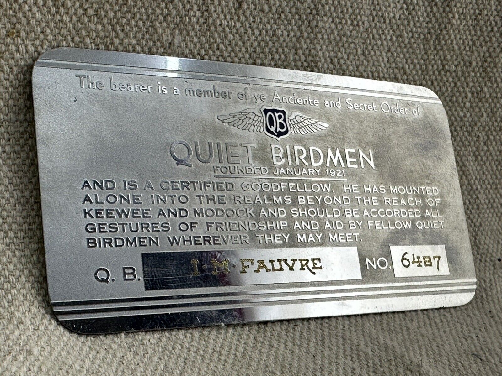 Quiet Birdmen Membership Card ~ Secret Society ~ Super Rare Low Serial