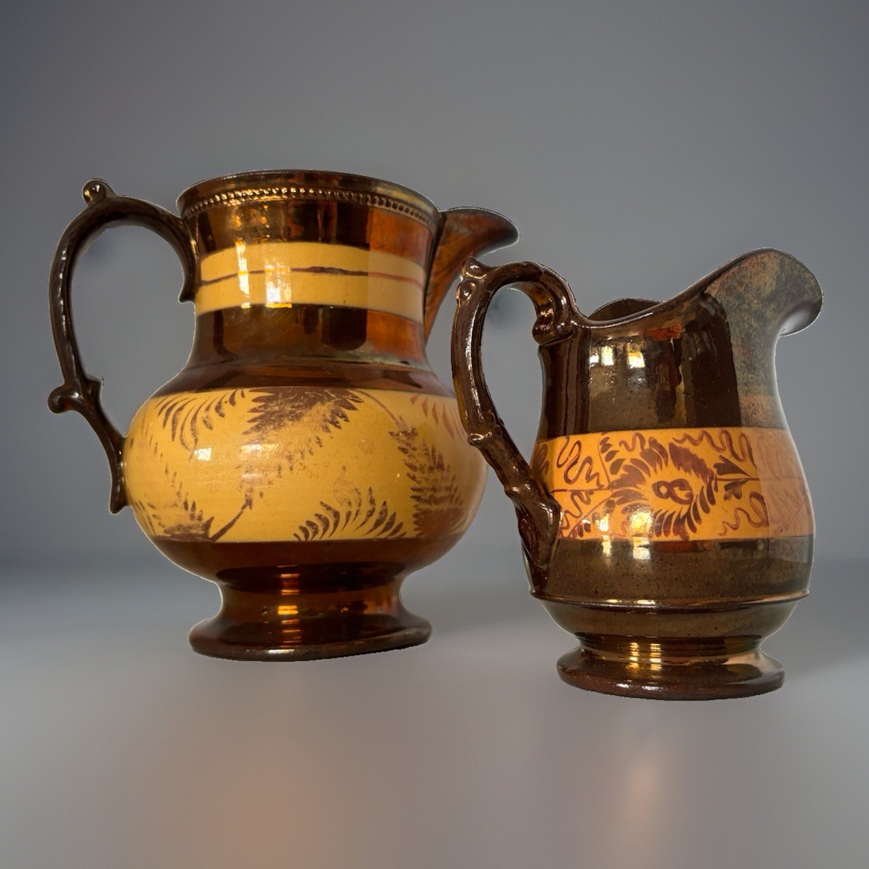 PAIR Antique Copper Lustreware Luster Ware English Pitchers