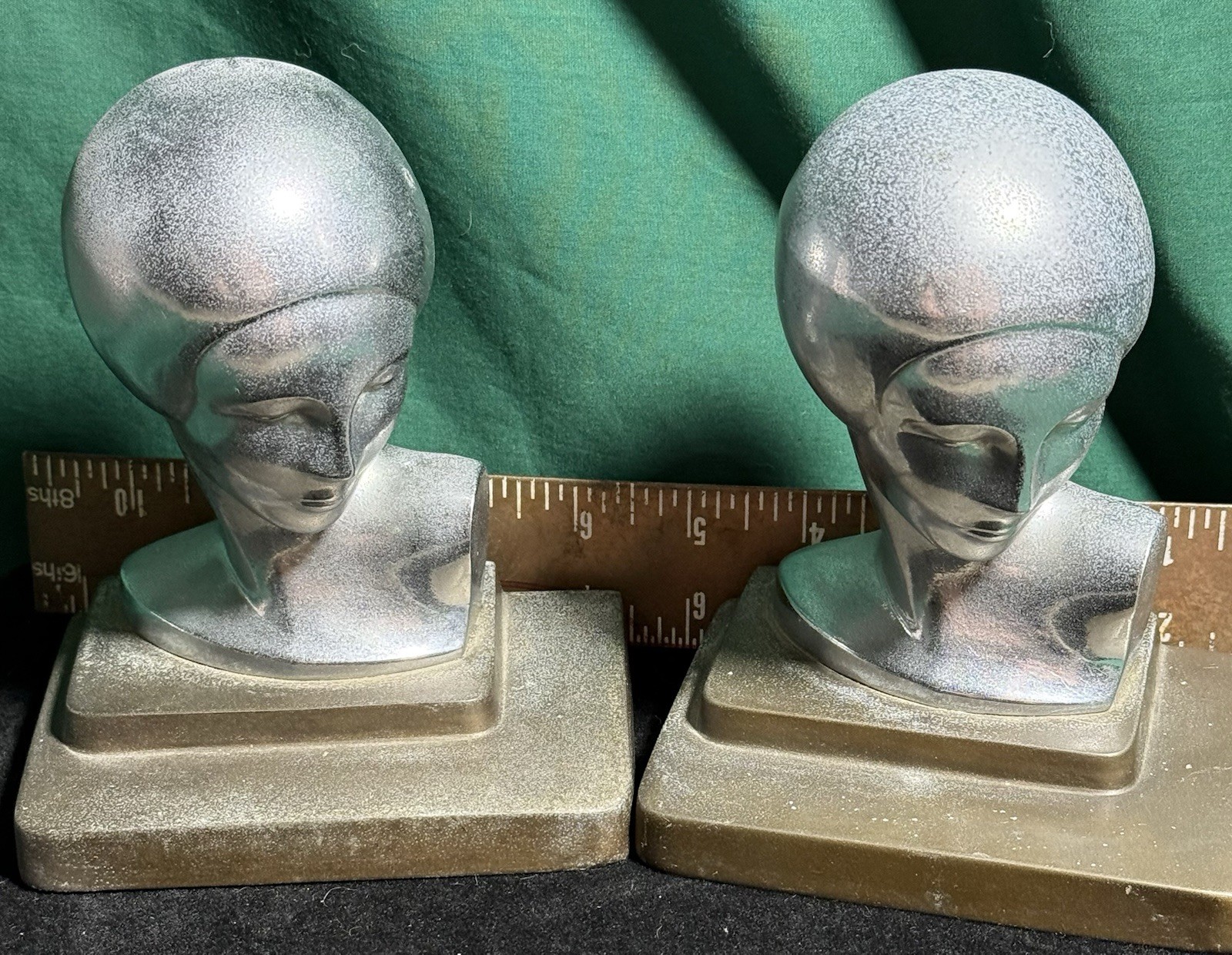 ANTIQUE ART DECO FRANKART CHROMED SOPHISTICATE LADY HEAD SCULPTURE BOOKENDS ANTIQUE ART DECO FRANKART CHROMED SOPHISTICATE LADY HEAD SCULPTURE BOOKENDS