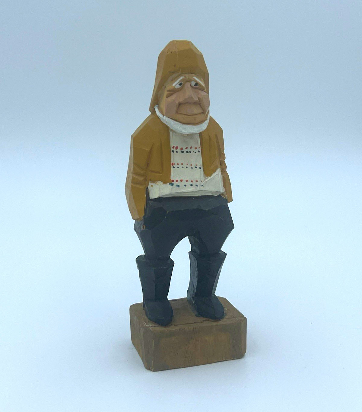 Hand Painted Carved Wood Seated Man Figurine 7in on Base Folk Art