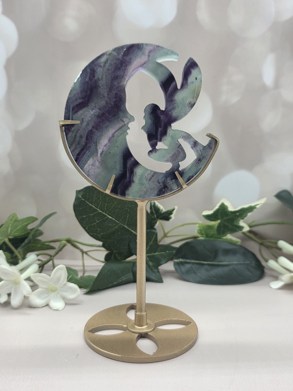 Rainbow Fluorite Fairy Crescent Moon Carving Gold Stand 6.5” Crystal Decor